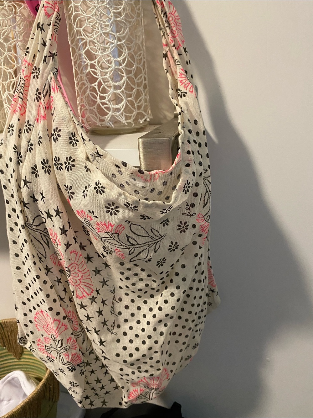 Free People Cream Shoulder Bag with Pink Floral & Black Polka Dot Print